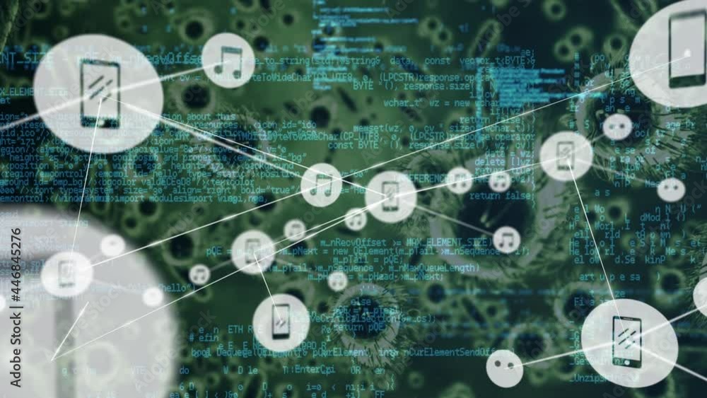 Aufkleber network of digital icons and data processing against multiple covid-19 cells on black background