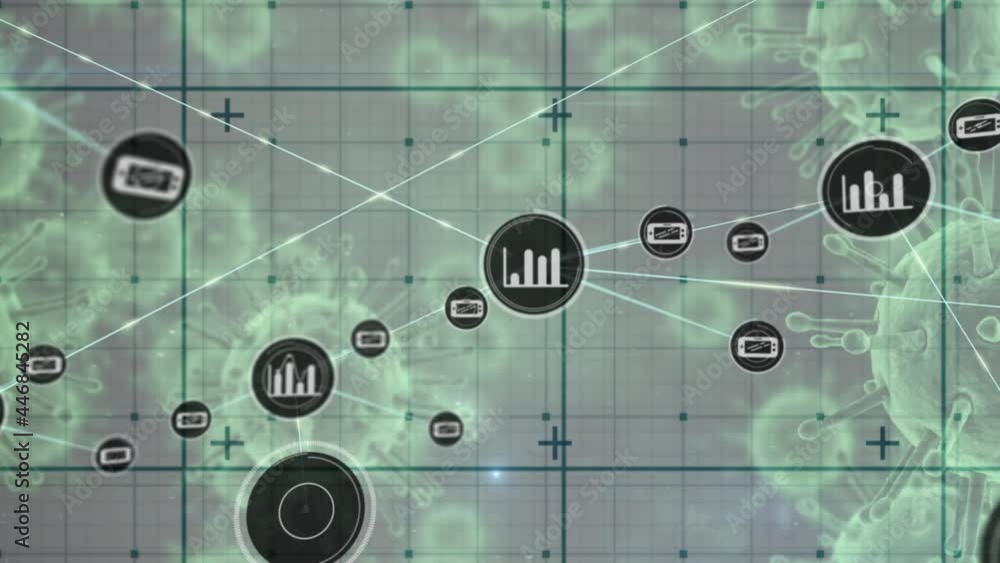 Poster network of digital icons over grid network against multiple covid-19 cells on black background