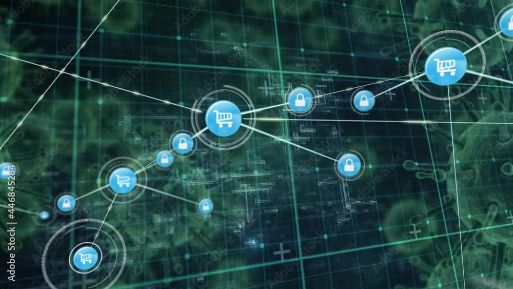 Poster network of digital icons over grid network against multiple covid-19 cells on black background