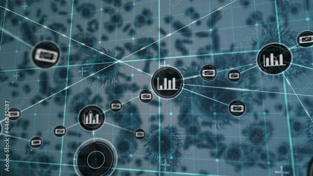 Poster network of digital icons over grid network against multiple covid-19 cells on black background