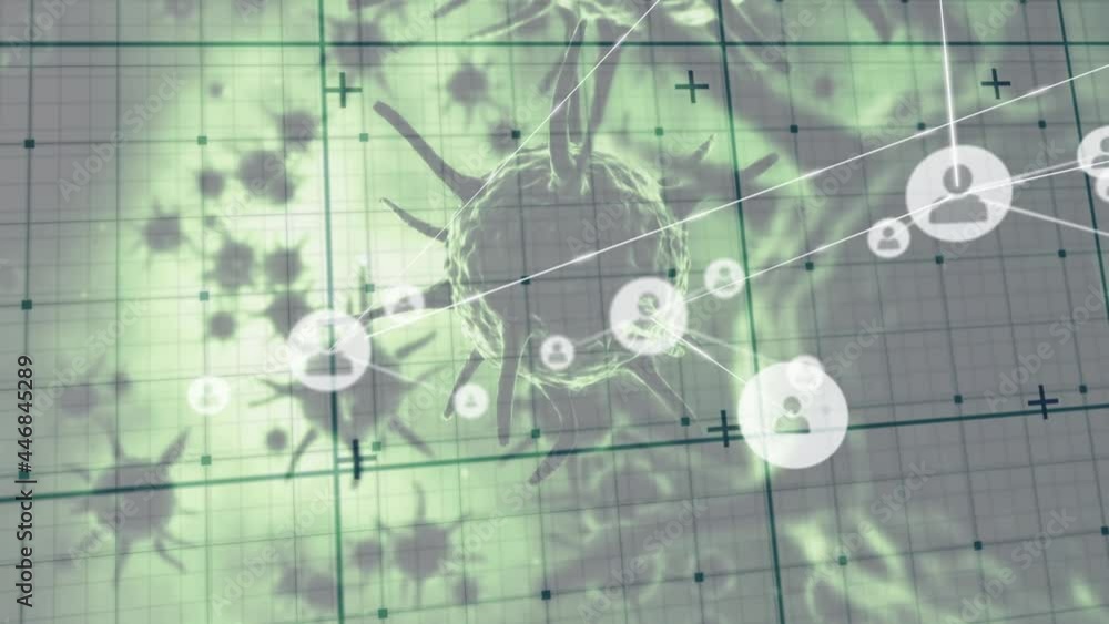 Poster network of profile icons over grid network against multiple covid-19 cells on green background