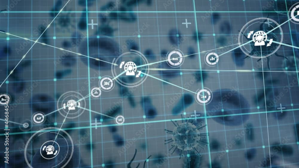 Poster network of digital icons over grid network against multiple covid-19 cells on grey background