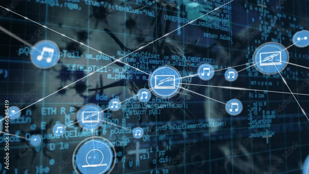 Poster network of digital icons and data processing against multiple covid-19 cells on blue background