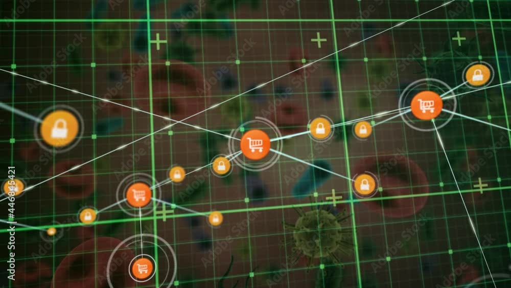 Poster network of digital icons over grid network against multiple covid-19 cells on red background