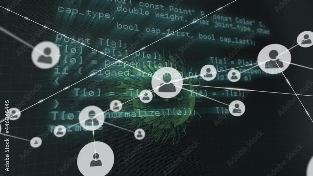 Poster network of profile icons and data processing against covid-19 cell on black background