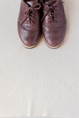 Vintage female dark brown oxford shoes on white background. Fashion concept. Blog, blogger, social media.