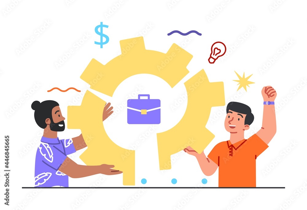 Poster effective teamwork concept. men hold a part of the nut in their hands and create a whole figure. met