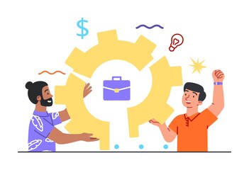 Effective teamwork concept. Men hold a part of the nut in their hands and create a whole figure. Metaphor for the joint creation of a business. Cartoon flat vector illustration on a white background