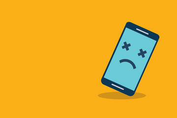 Broken smartphone with sad smile. Broken phone service, recovery and repair concept, symbol top view copyspace.