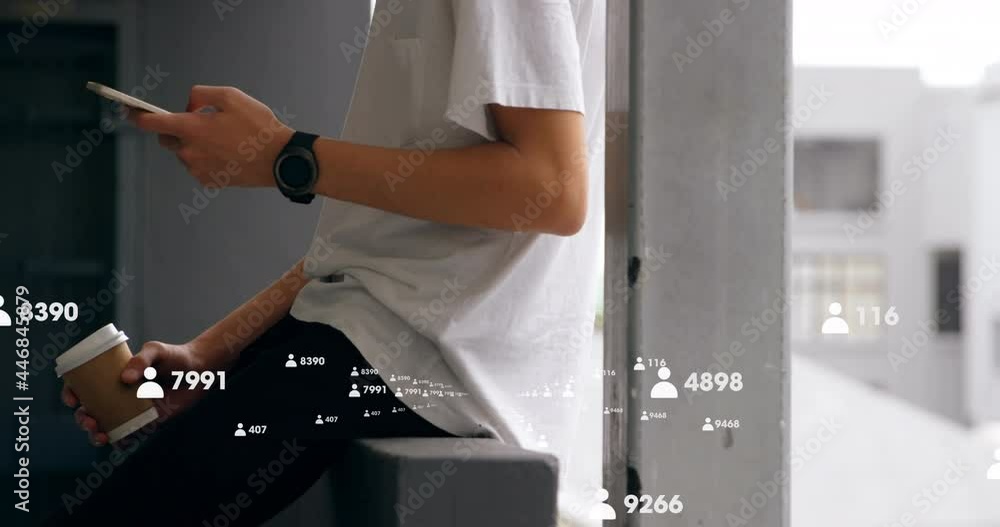 Poster multiple profile icons with increasing numbers floating against mid section of man using smartphone