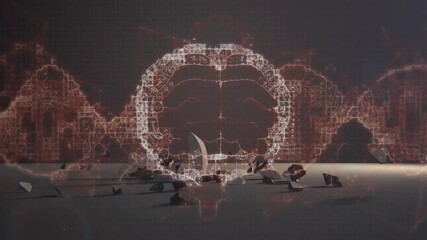 Human brain spinning over euro currency symbol falling and breaking against grey background