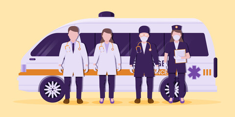 The whole team of doctors and nurses with emergency vehicles to help the sick.