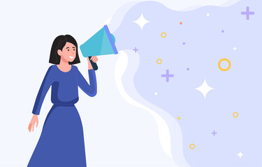Advertising and promotion concept. Woman with megaphone or loudspeaker makes an announcement. Marketing, promotion and advertising. Cartoon flat vector illustration isolated on a white background