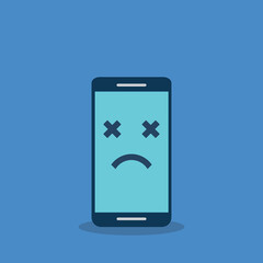 Broken smartphone with sad smile. Broken phone service, recovery and repair concept, symbol top view copyspace.