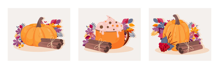 Autumn mood greeting card poster template. Thanksgiving, pumpkin and cinnamon sticks. Collage for printing, posters, banners and invitations. Cartoon flat vector illustration on a white background