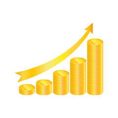 A growing graph of the financial growth of the wealth of gold coins on a white background.