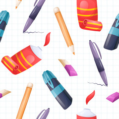 Vector seamless cartoon school pattern. Stationery and accessories on a background from a notebook sheet in blue cage.