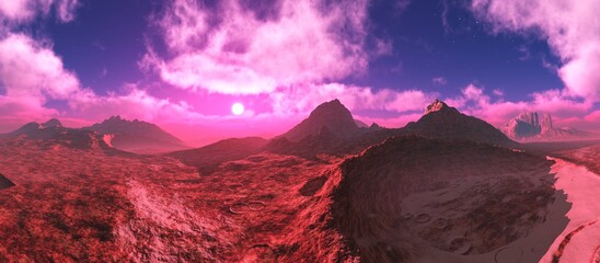Alien landscape, martian landscape, glow on Mars, surface of another planet,, 3d rendering