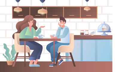 Couple having breakfast concept. Man and woman in love are sitting at table, chatting and drinking hot coffee. Modern kitchen in the house. Cartoon flat gradient vector illustration with background