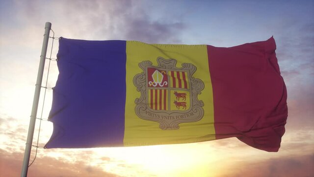 Flag of Andorra waving in the wind, sky and sun background