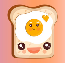 Sandwich with Fried egg. Products with cute kawaii emotions. Healthy and delicious breakfast. Source of protein. Quick cooking. Cartoon flat vector illustration isolated on a pink background