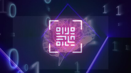 Animation of qr code over binary code and human brain - Powered by Adobe