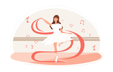 Girl doing dance concept. Woman with a ribbon in a tutu turns pirouettes. Beautiful choreography to classical music. Ballettstudio. Cartoon flat vector illustration isolated on a white background © 100% HAND-CRAFTED