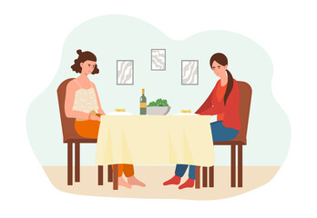 Healthy food concept. Two women are sitting at a table and eating healthy vegetables. Full fledged food products in terms of composition. Comfortable digestion. Cartoon flat vector illustration