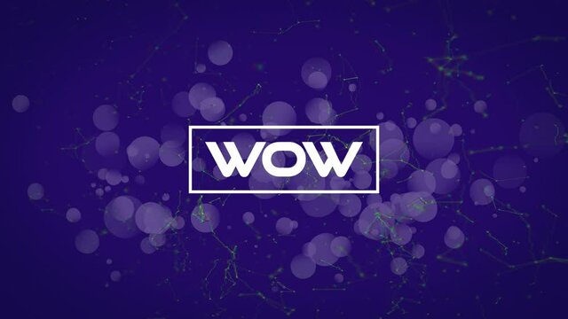 Animation of wow text over colorful lights and connections on blue background
