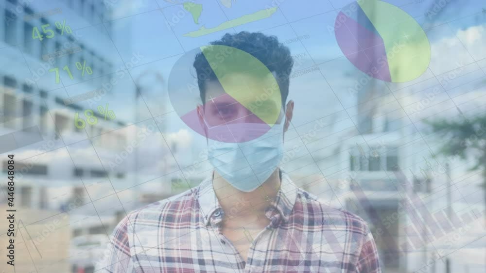 Aufkleber animation of statistics and data processing over man wearing face mask