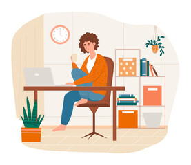 Home office concept. Woman is sitting at her laptop at her workplace and working. Remote work or freelance. Free schedule. Cartoon modern lat vector illustration isolated on a white background