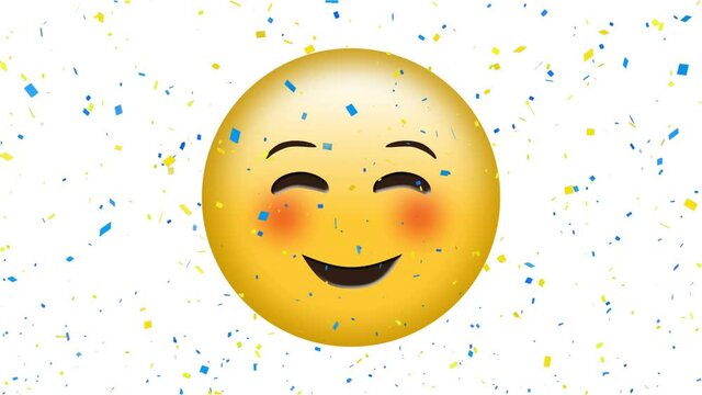 Animation Of Happy Emoji Icon Over Falling Confetti On White Background