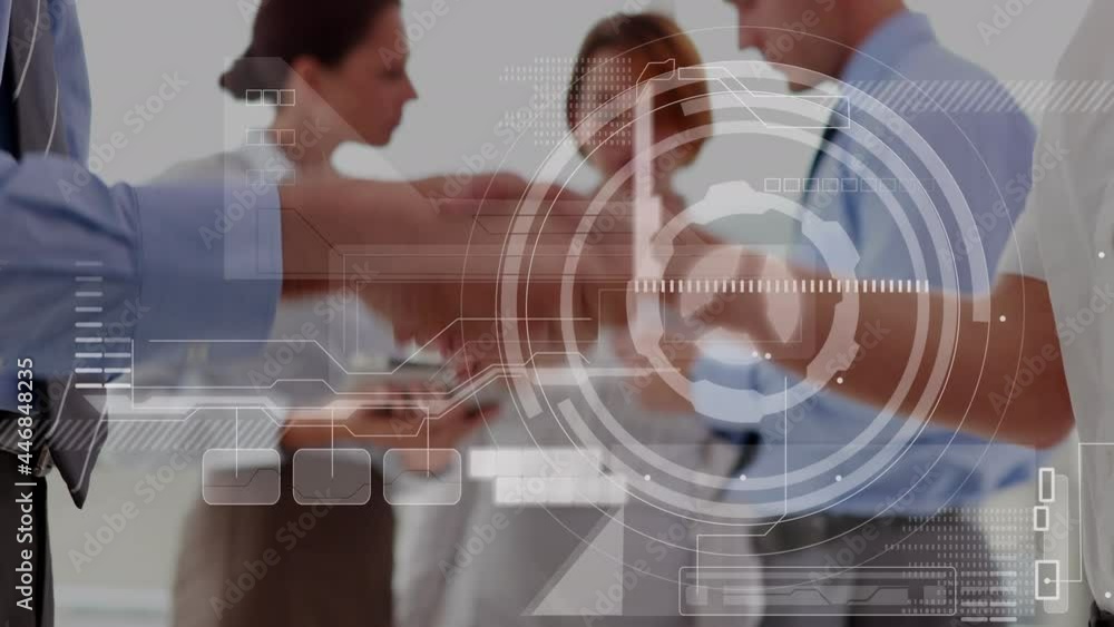 Poster animation of data processing over businessman handshake