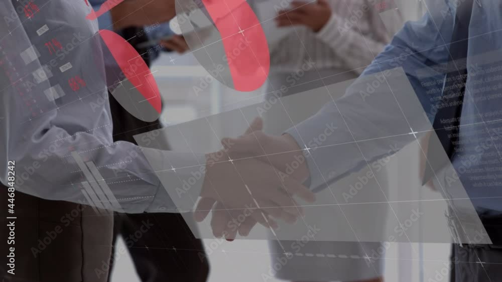 Poster animation of statistics and data processing over businessman handshake