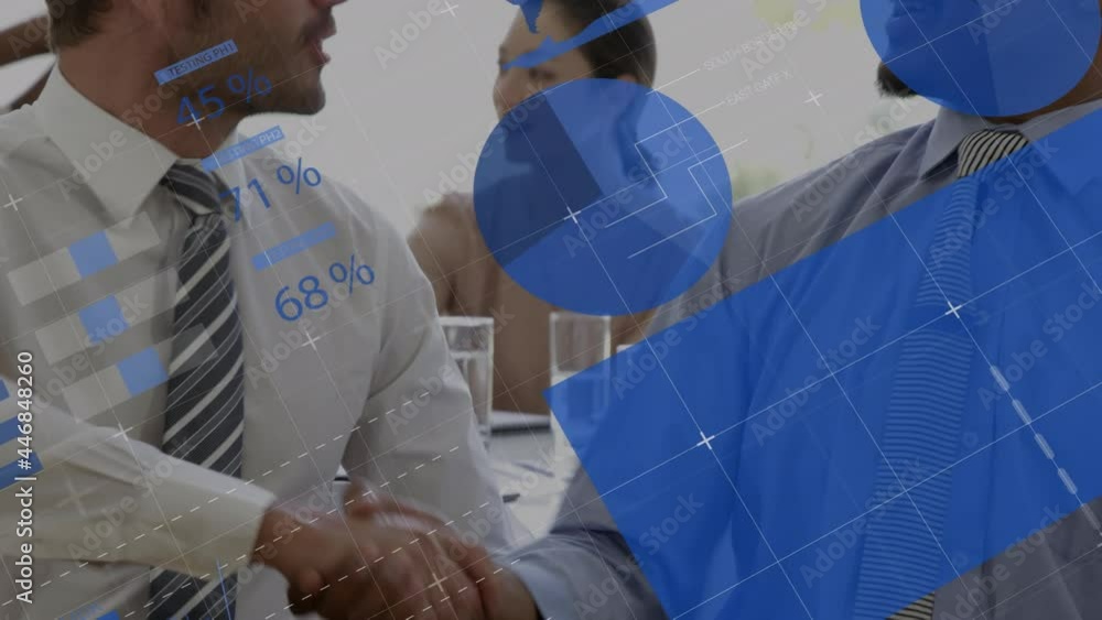 Poster animation of statistics and data processing over businessman handshake