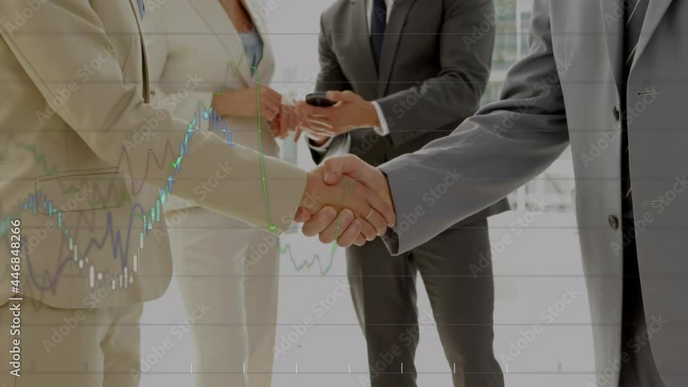 Poster animation of financial data processing over businessman handshake