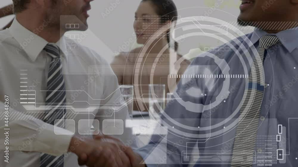 Poster animation of data processing over businessman handshake