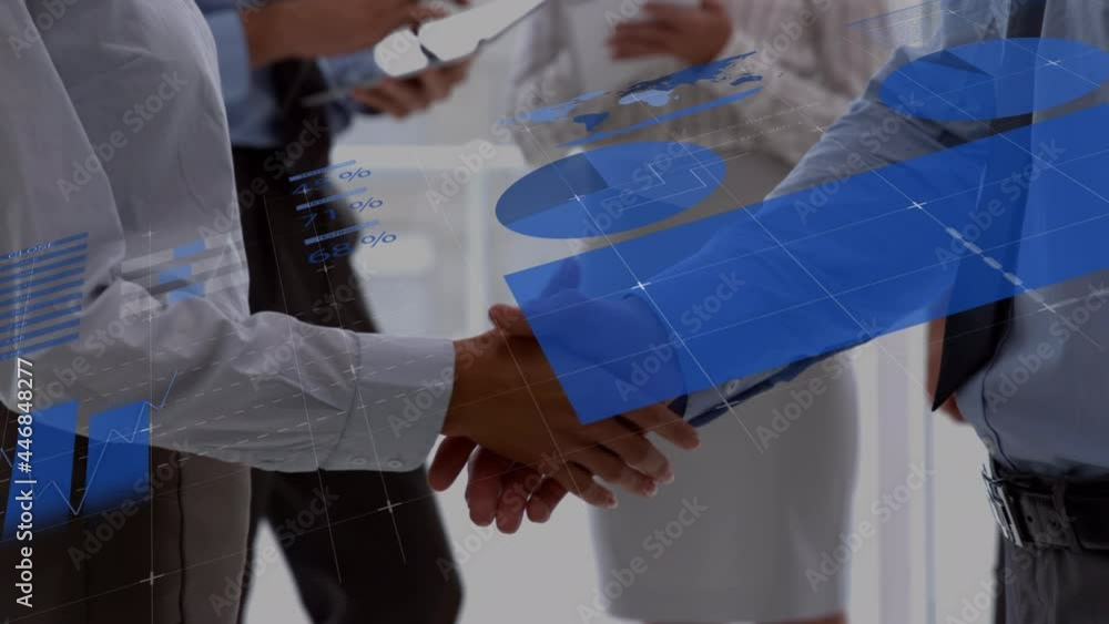 Poster animation of statistics and data processing over businessman handshake