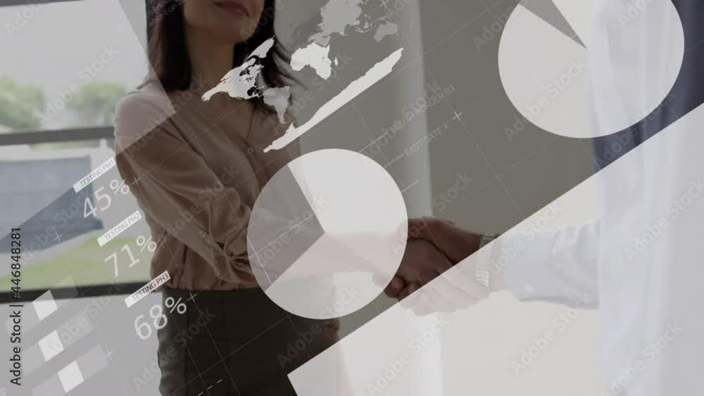Poster animation of statistics and data processing over businessman handshake