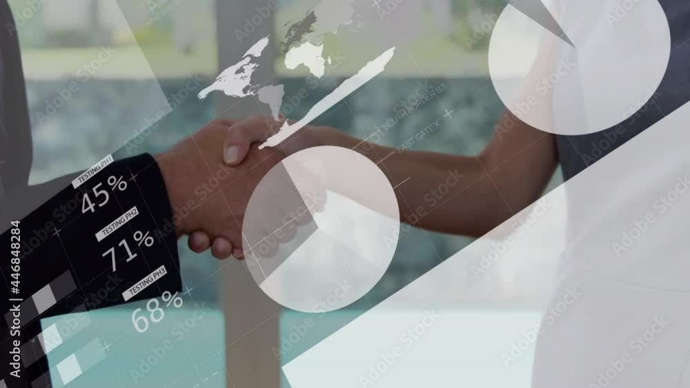 Poster animation of statistics and data processing over businessman handshake