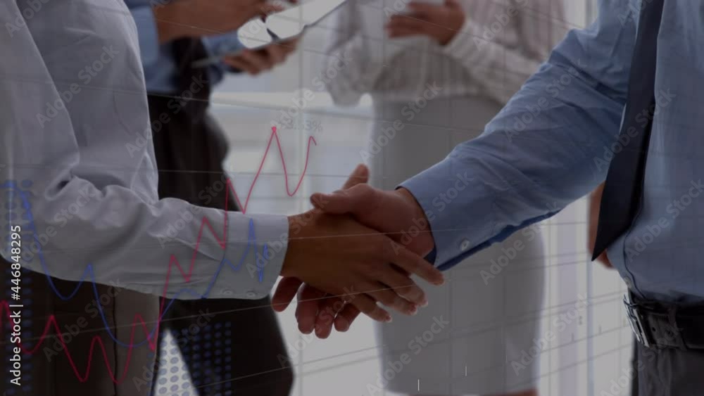 Poster animation of data processing over businessman handshake