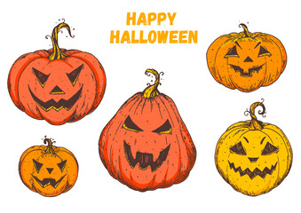 Halloween pumpkin hand drawn collection. Colorful vector illustration. Autumn holidays.