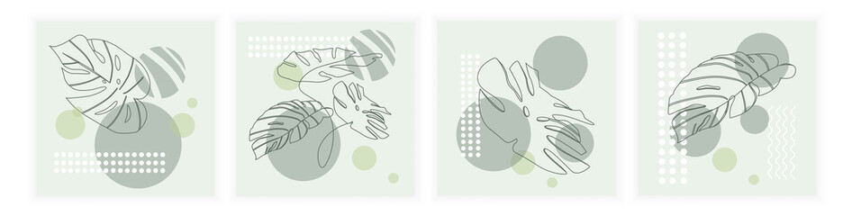 Set of minimal posters with abstract organic shapes. Leaves of exotic plants in the style of line art. Geometric shapes. Fashionable flat vector illustration for banners, posters and wall decoration