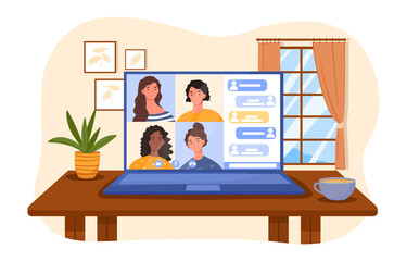 Fototapeta premium Stay and work from home concept. Video conference. Workplace, laptop screen, group of people talking by internet. Remote work. Cartoon modern flat vector illustration isolated on a white background