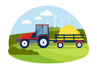 Naklejka premium Tractor in the field concept. Industrial equipment collects and transports wheat. Work on the farm. Bright colors landscape. Cartoon modern flat vector illustration isolated on a white background