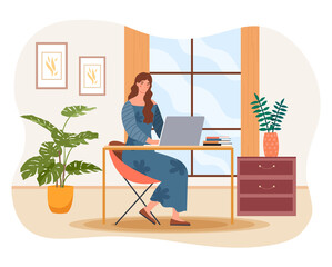 Work at home concept. Woman sitting at her laptop at her workplace. Comfortable remote work. Home environment. Online training. Cartoon flat vector illustration isolated on a white background