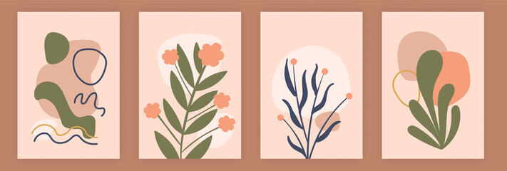Collection of contemporary art posters in pastel colors. Tropical leaves, delicate flowers, abstract geometric shapes and social networks. Minimalistic set for decorating walls, postcards and posters