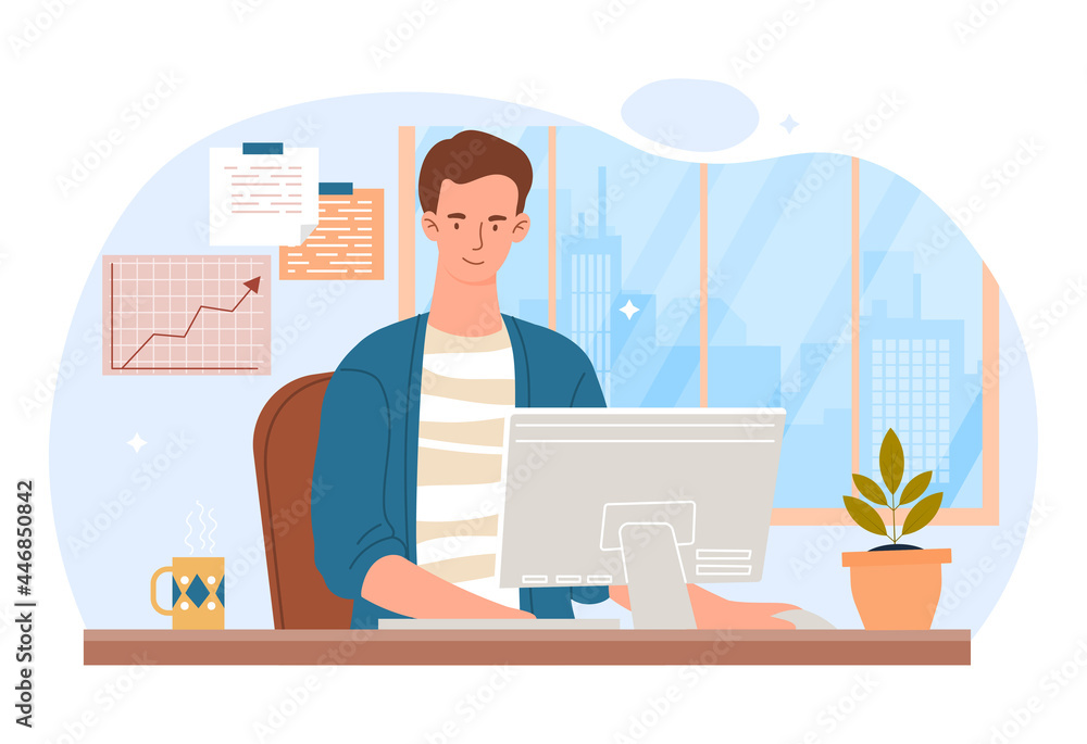 Aufkleber working in the office concept. man sits at his workplace and uses computer. character performs a tas
