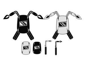 Welding equipment vector illustration. Helmet and torch. Black and white
