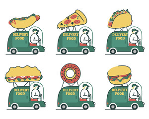 A delivery van with fast food on the roof carries an order. A set of cars for food delivery.